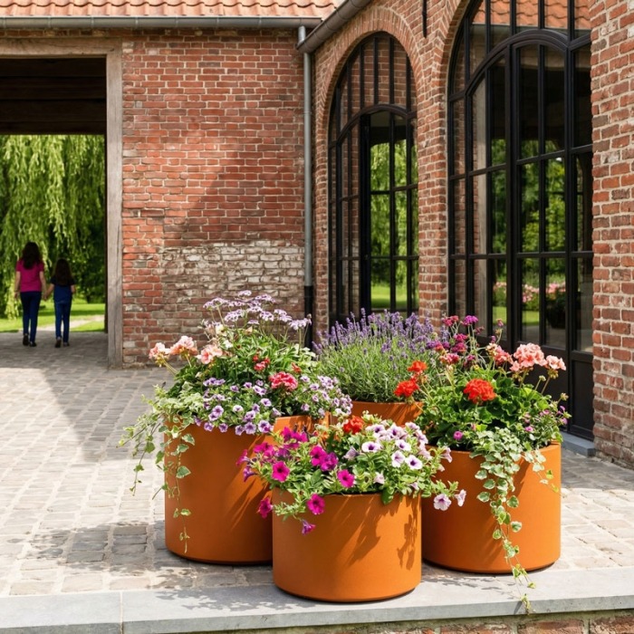 Ronde bloembakken cortenstaal door Semperfi, eigen productie en ontwerp