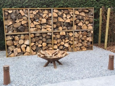 Cubico houtopslag Compact vuurhaard Semperfi cortenstaal